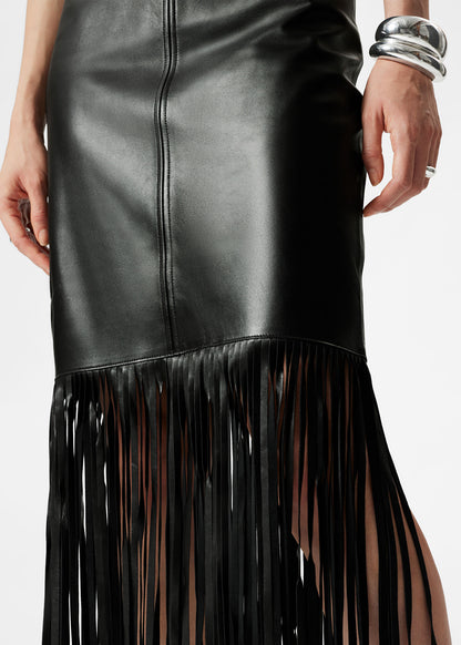 Fringed Leather Midi Skirt