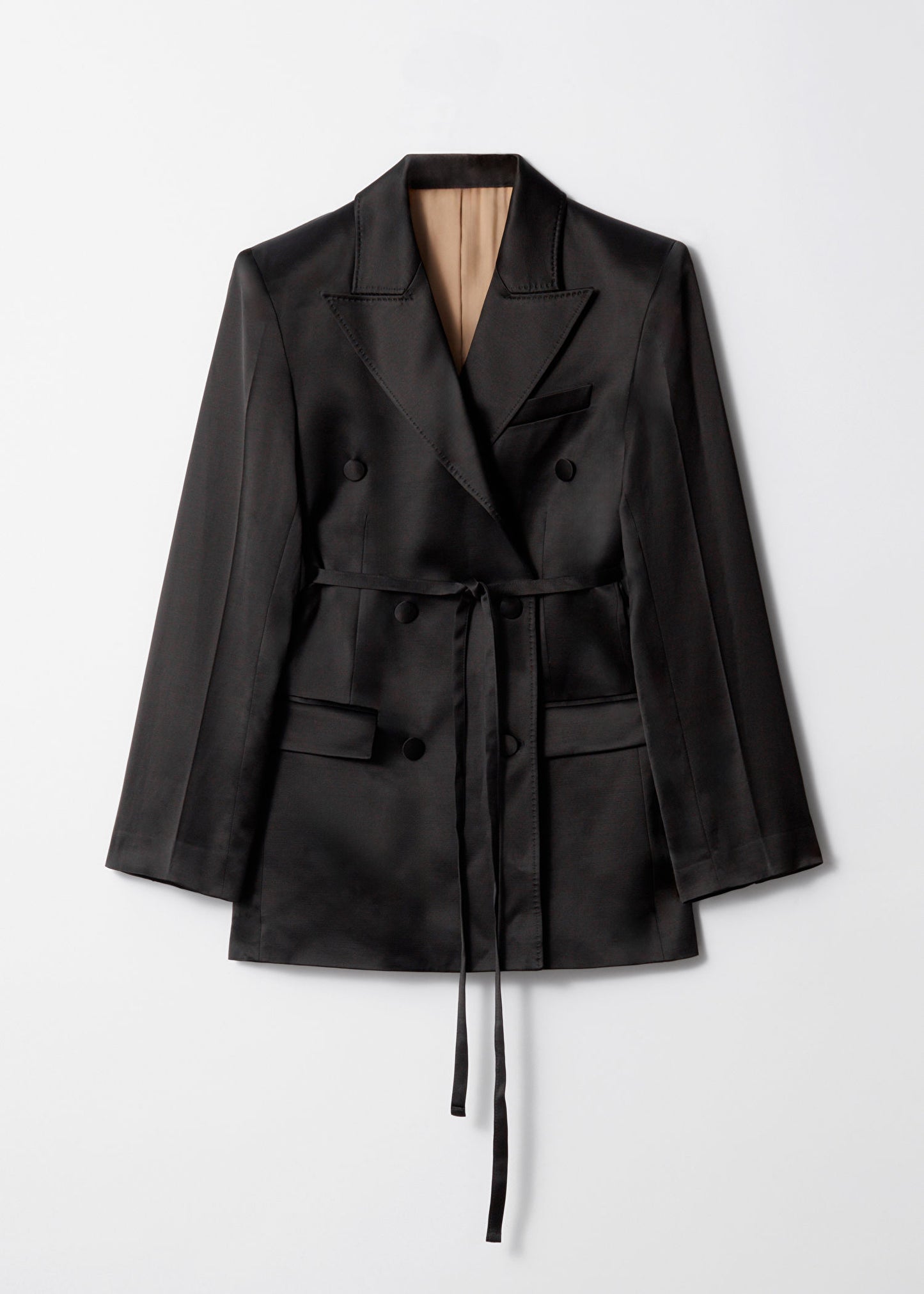 Shiny Belted Wool-Blend Blazer