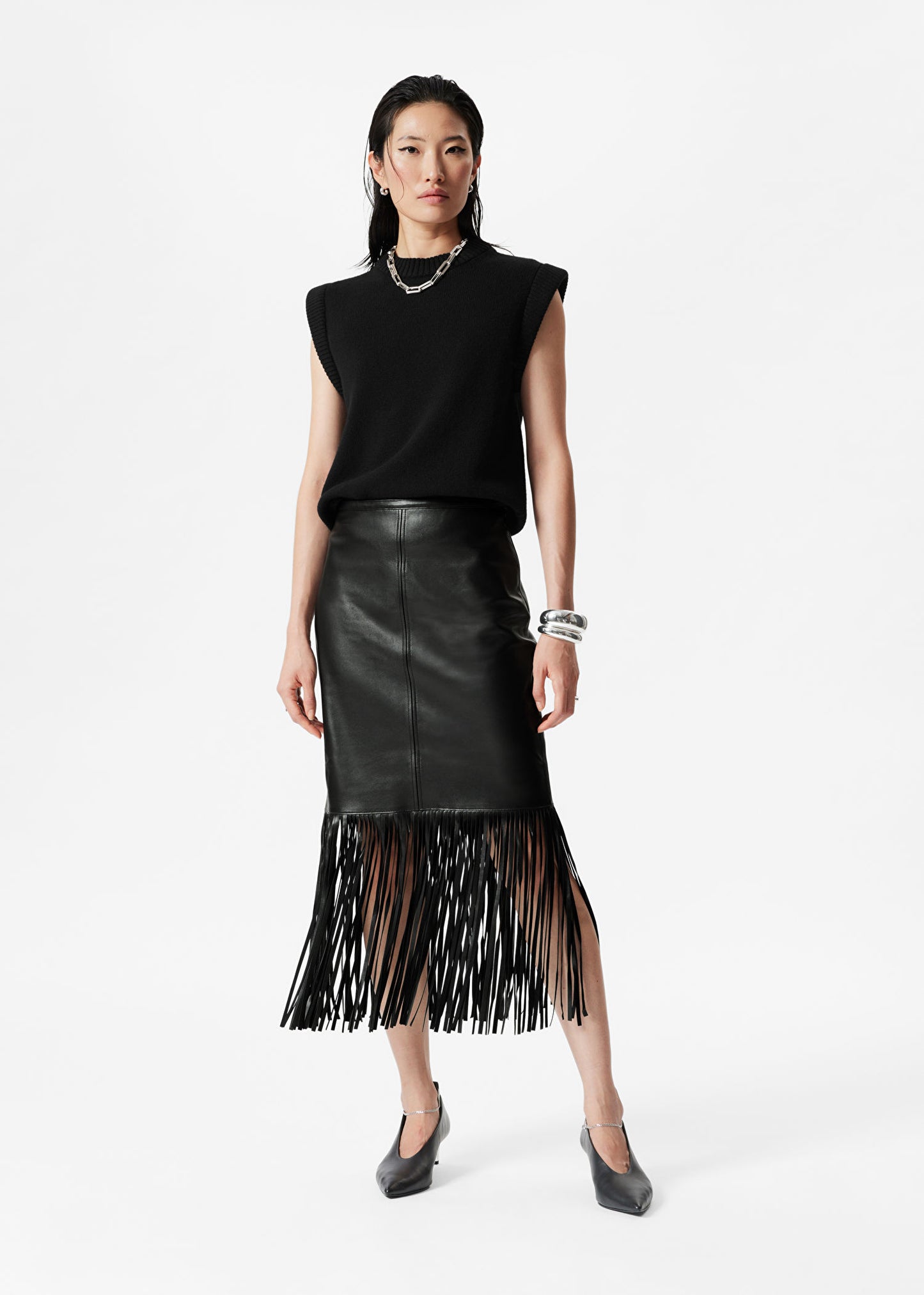 Fringed Leather Midi Skirt