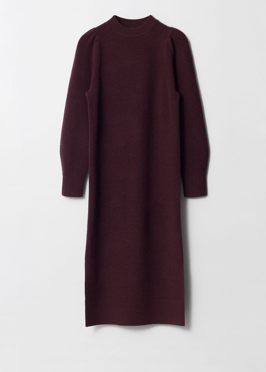 Puff-Sleeve Wool Midi Dress