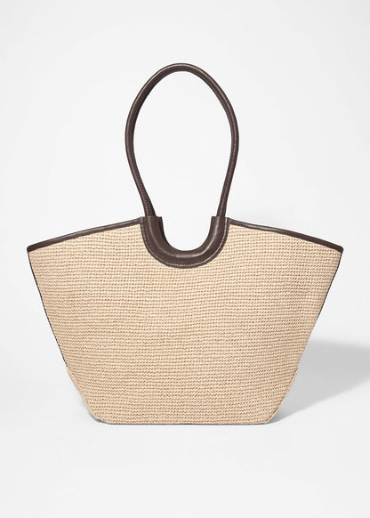 Leather-Detailed Straw Tote