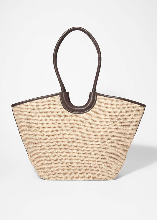 Leather-Detailed Straw Tote