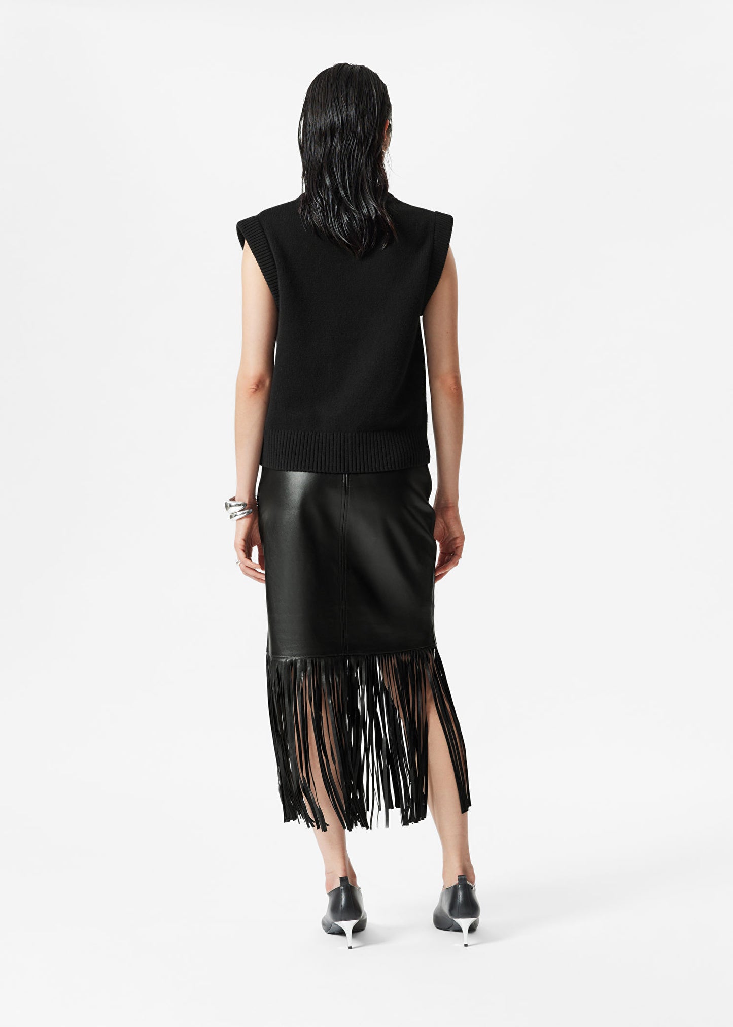 Fringed Leather Midi Skirt