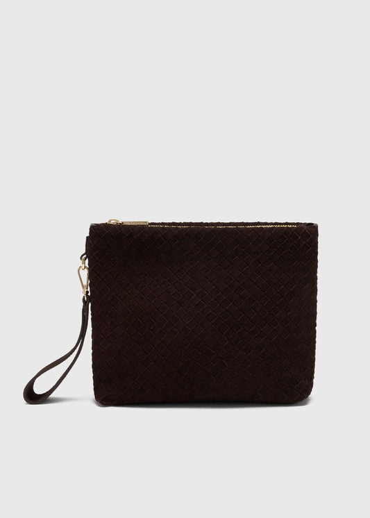 Chocolate Avah Woven Suede Zip Clutch