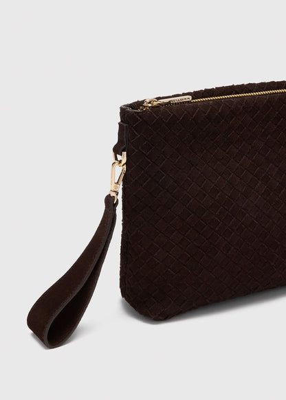 Chocolate Avah Woven Suede Zip Clutch