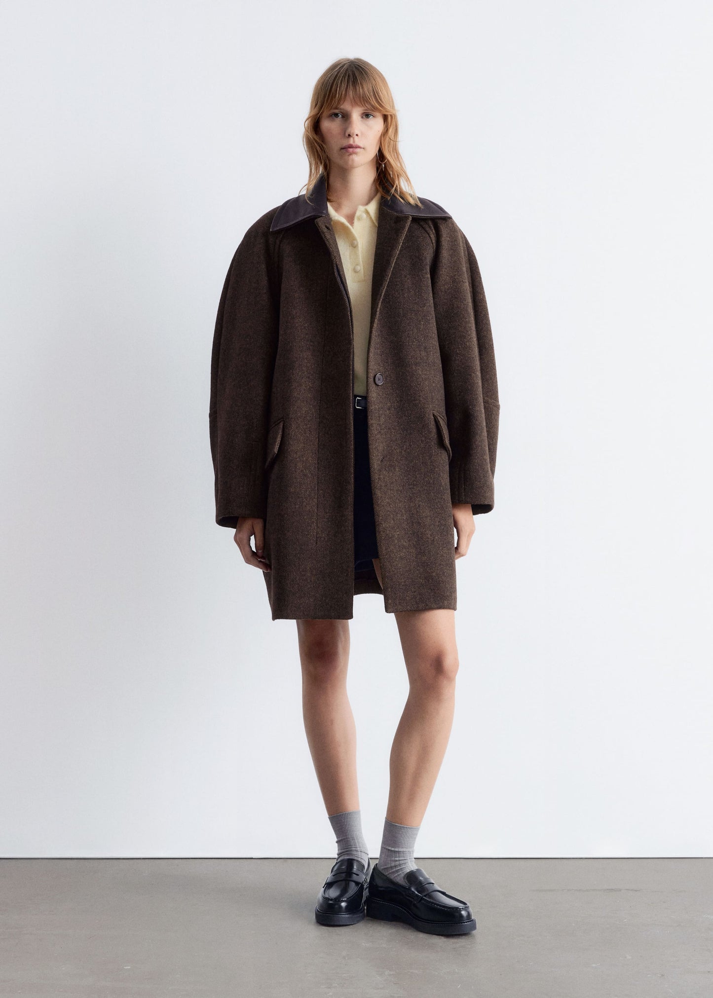 Oversized Leather-Collar Wool Coat