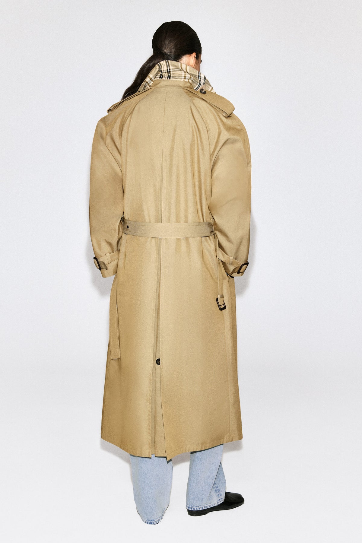 Check-Detail Belted Cotton Trench Coat