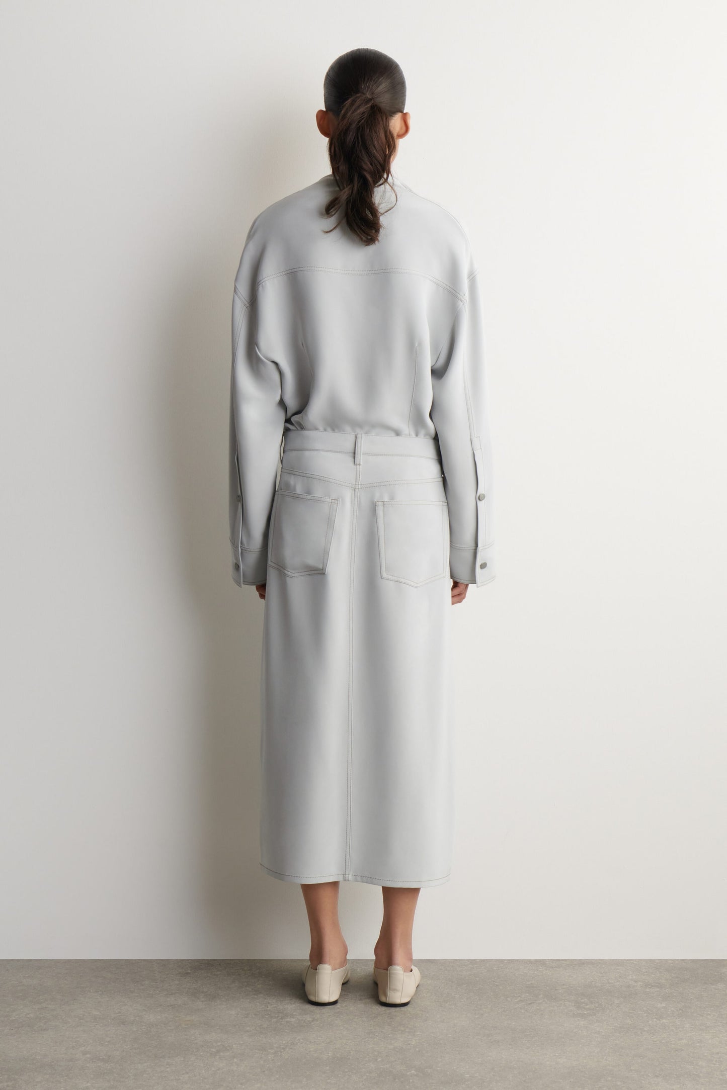 Denim-Effect Silk Midi Skirt