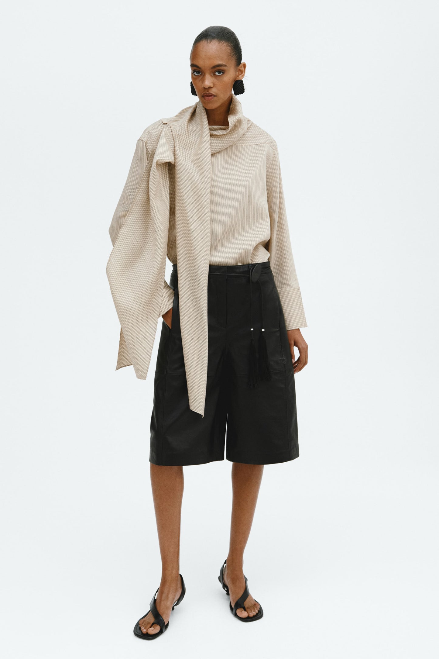 Linen-blend scarf-collar blouse