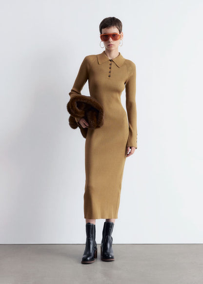 Rib-Knit Polo Midi Dress