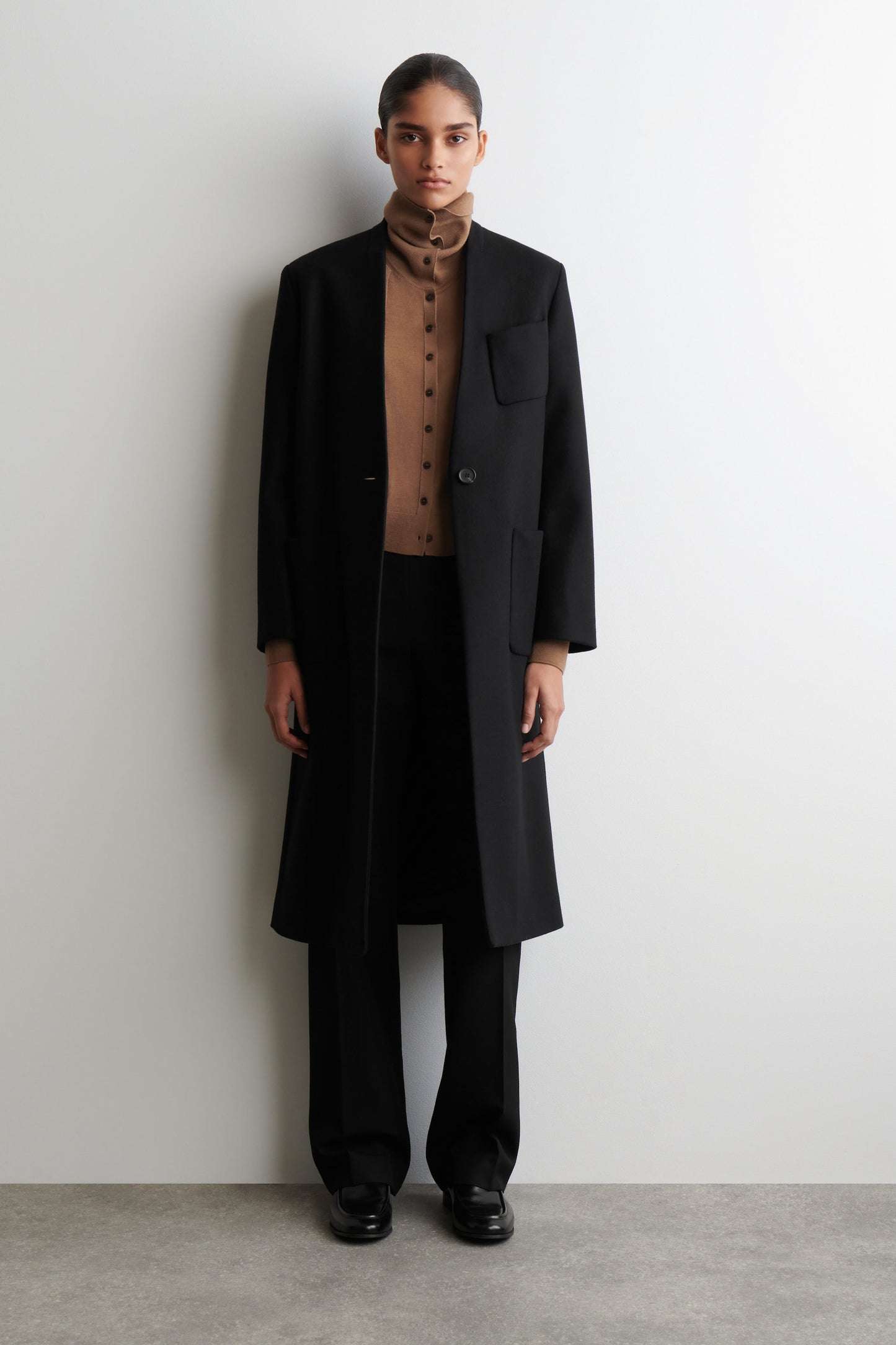 Layered merino wool high-neck cardigan