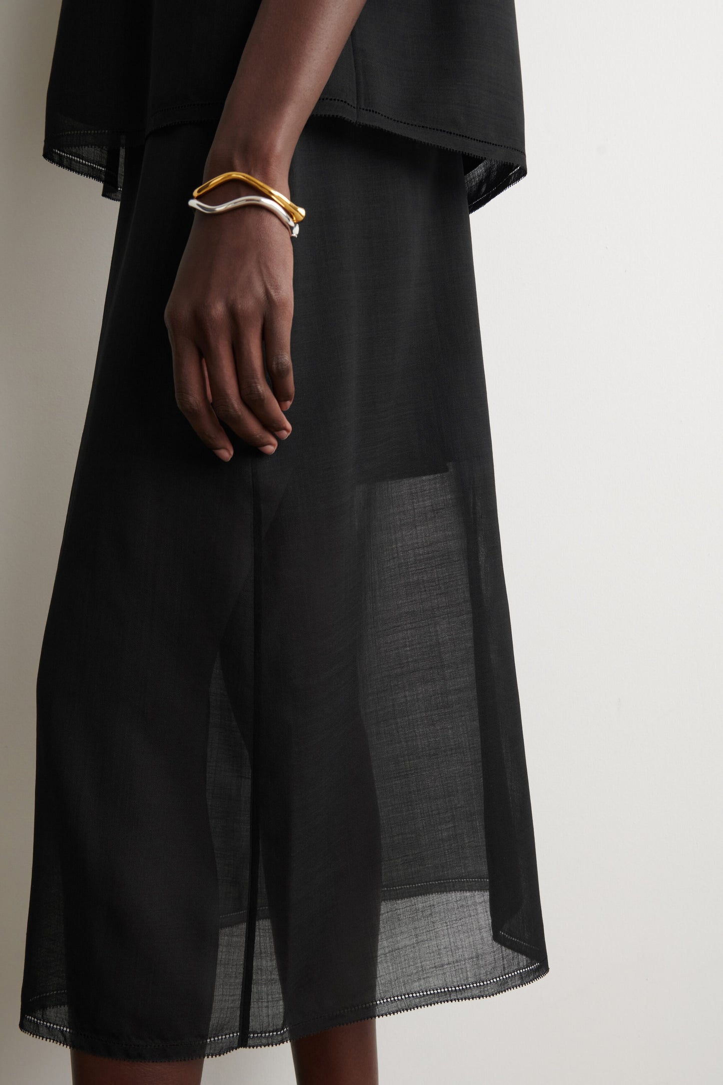Semi-Sheer Layered Wool Midi Skirt
