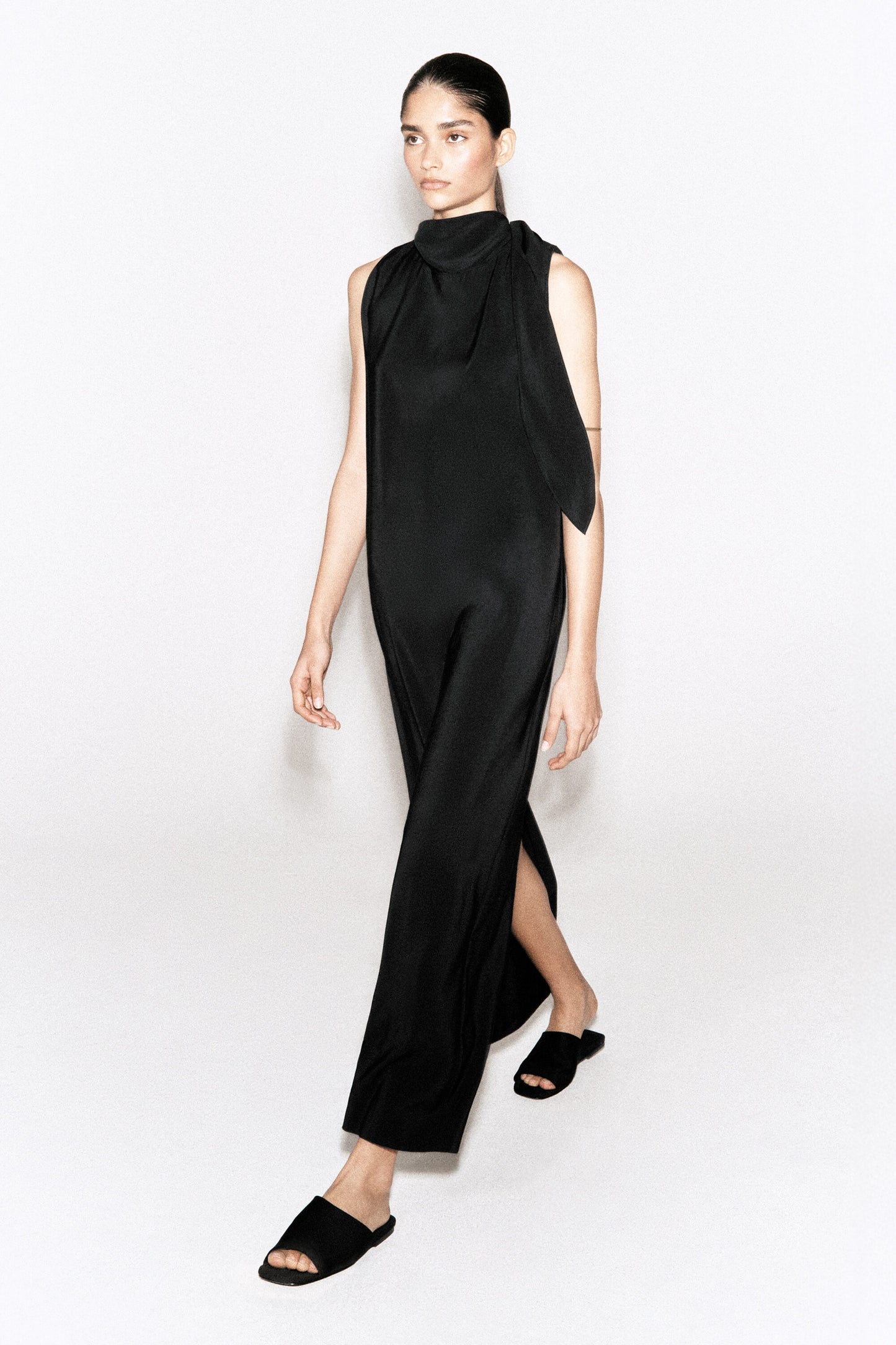 Draped tie-detail high-neck maxi dress