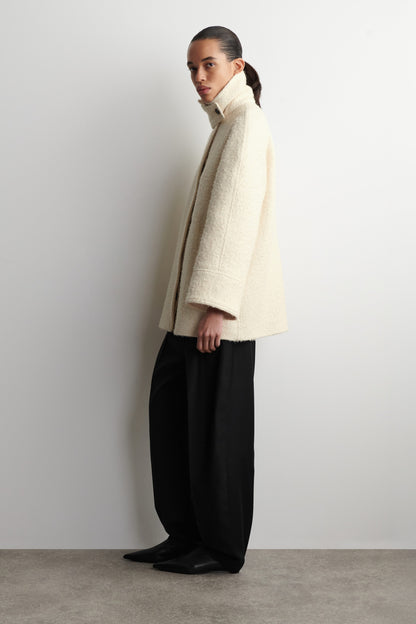 Funnel-neck wool-herringbone short coat