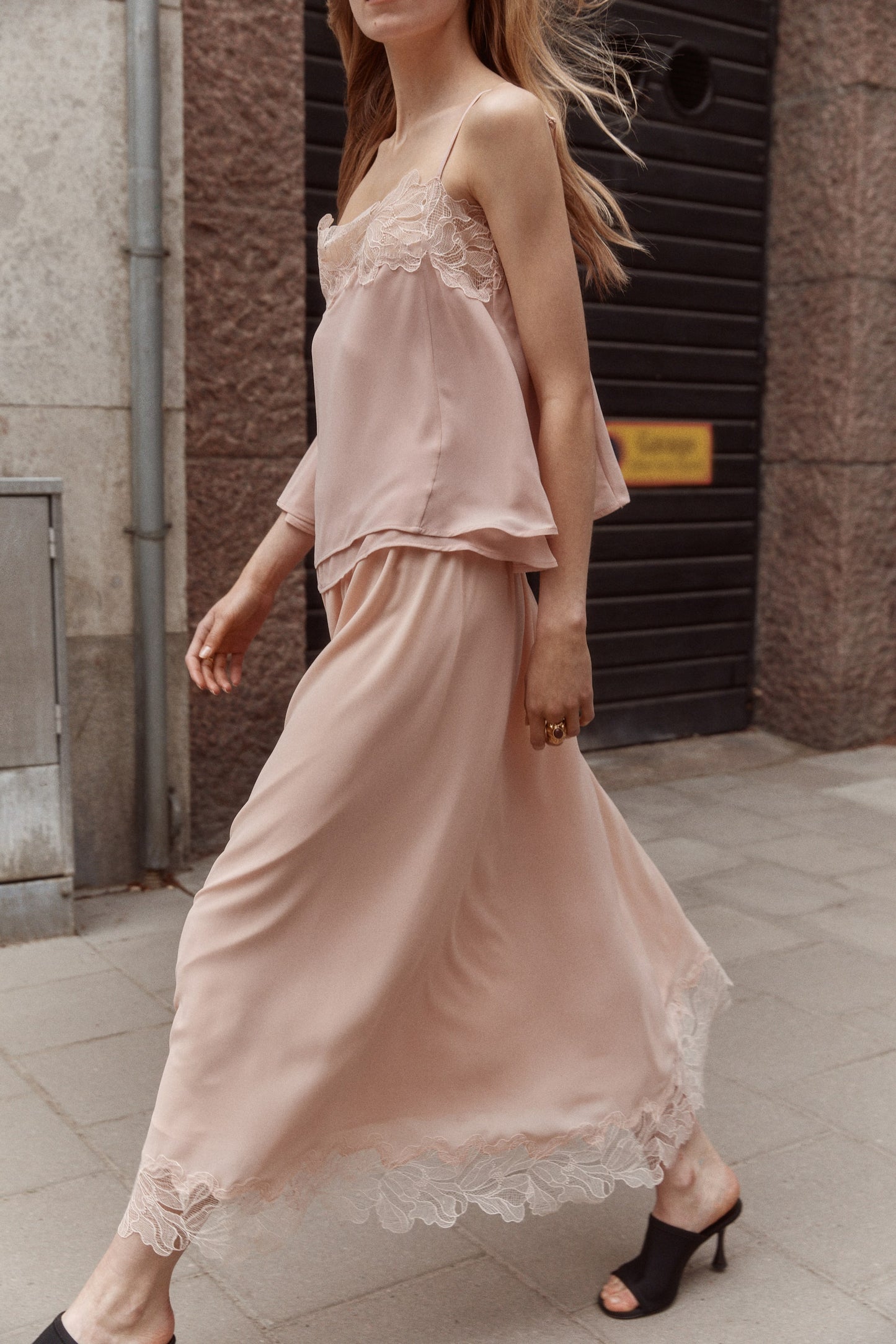 Lace-trimmed chiffon skirt