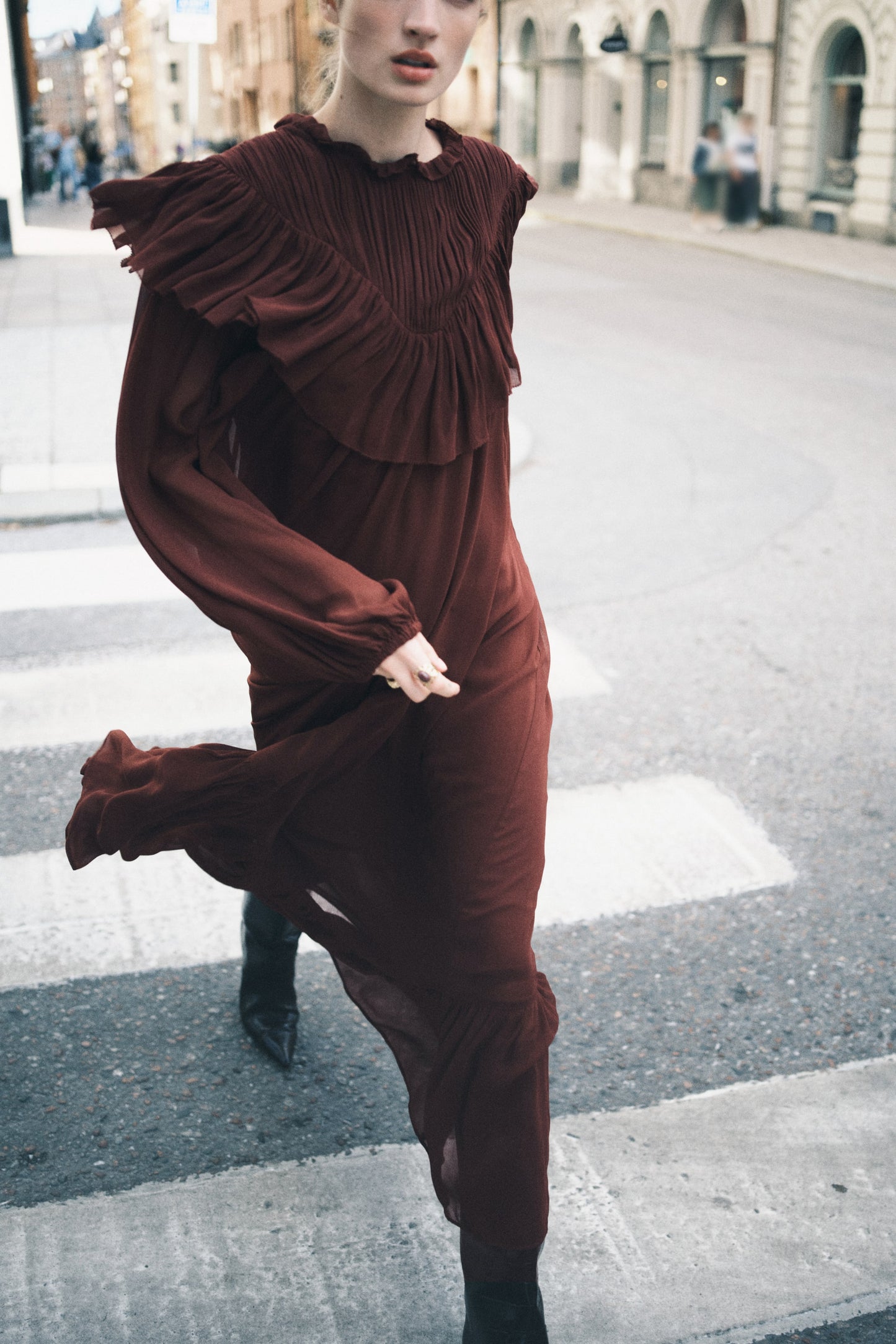 Frill-trimmed chiffon dress