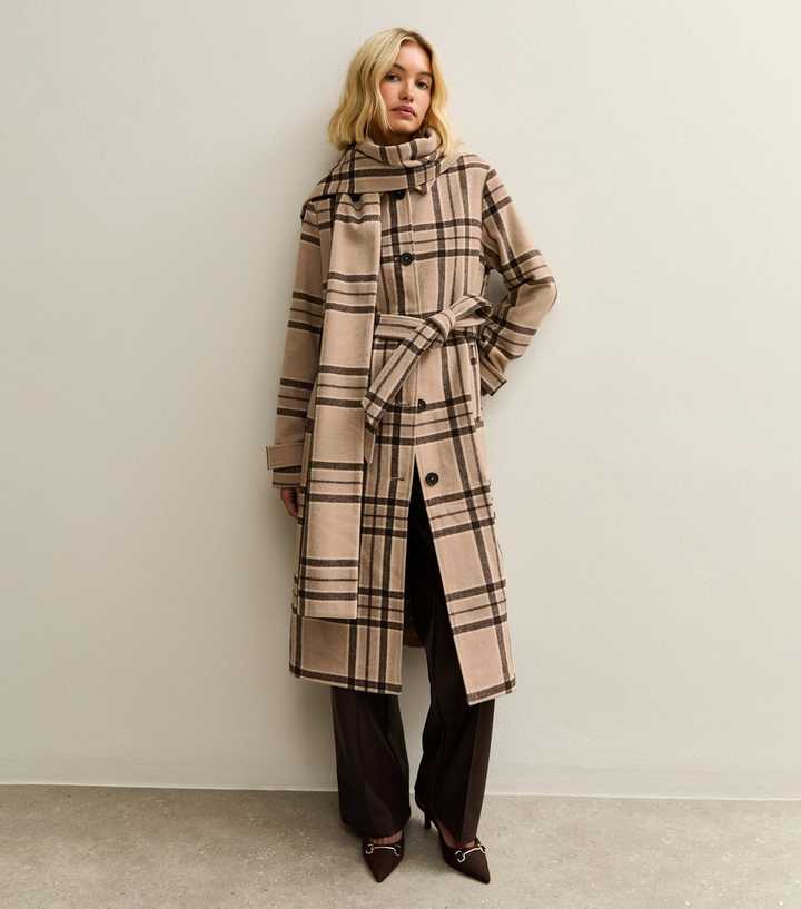 Beige Checked Collared Jacket and Matching Scarf