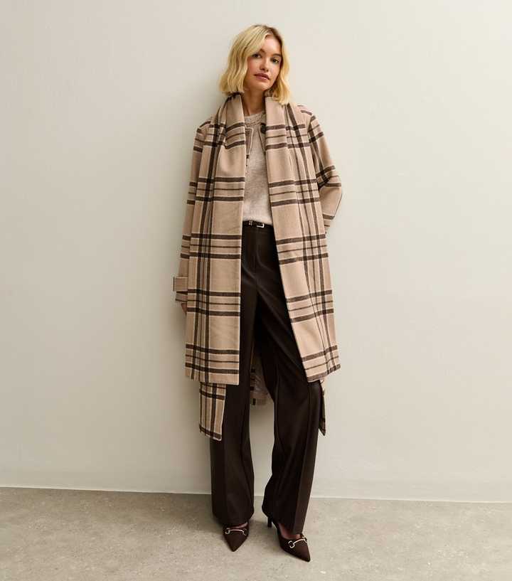 Beige Checked Collared Jacket and Matching Scarf