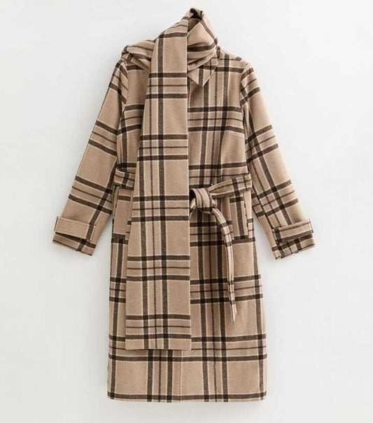 Beige Checked Collared Jacket and Matching Scarf