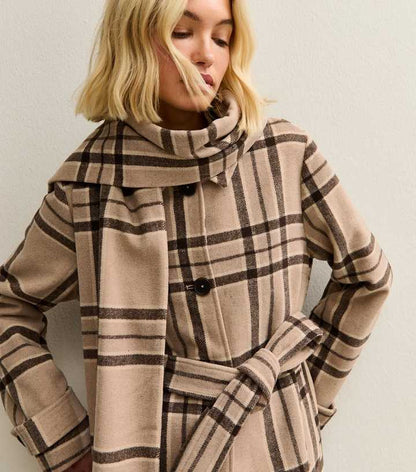 Beige Checked Collared Jacket and Matching Scarf