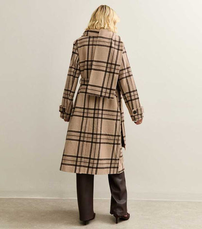 Beige Checked Collared Jacket and Matching Scarf