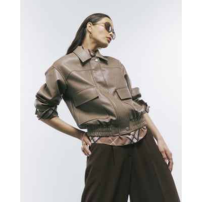 Beige Textured Faux Leather Bomber Jacket | River Island