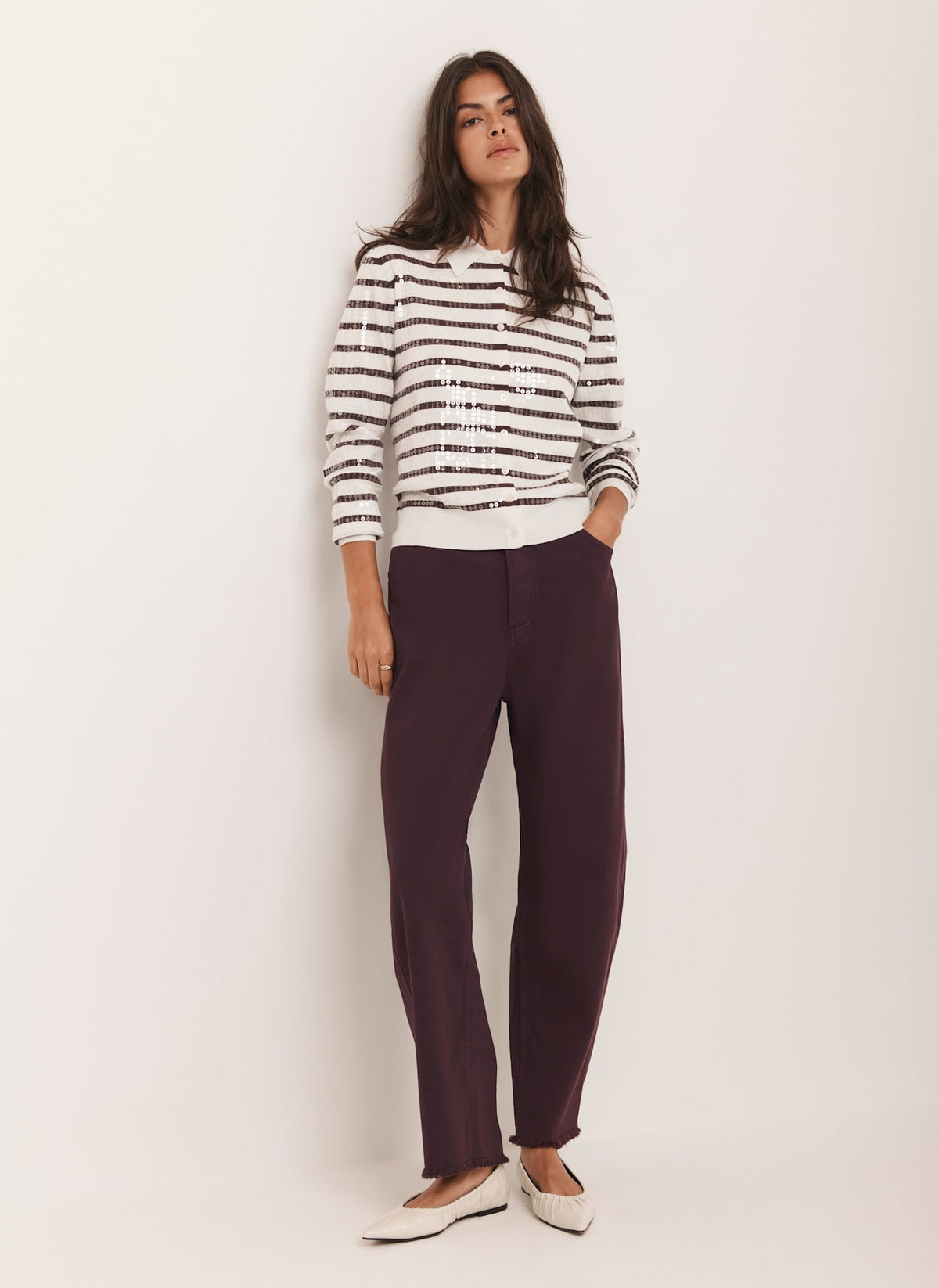 Burgundy Stripe Sequin Collar Cardigan