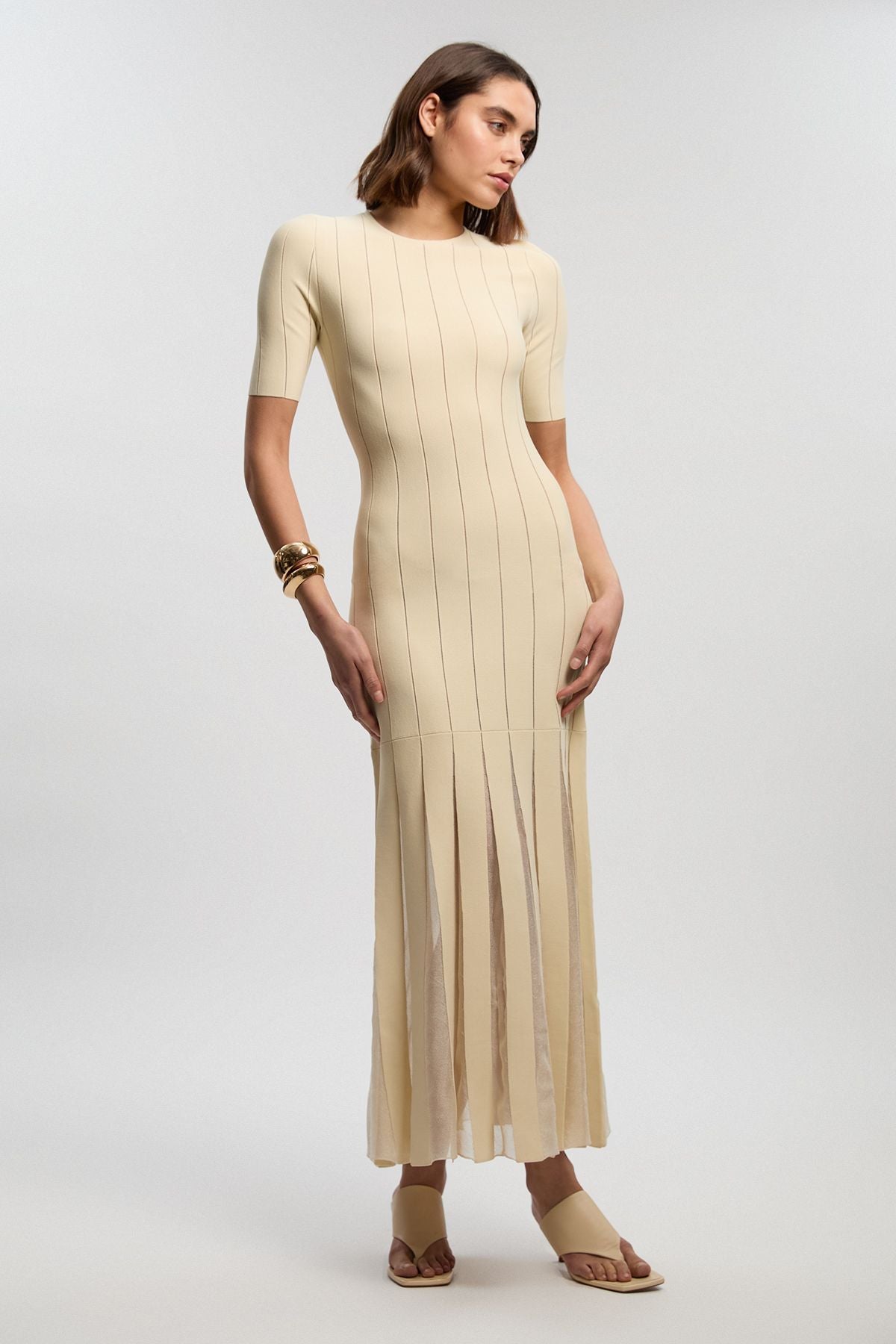 Viscose Blend Filament Full Skirt Knit Short Sleeve Midi Dress