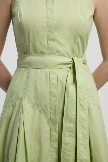 Cotton Collared Halter Neck Woven Midi Shirt Dress With Dropped Waist Detail