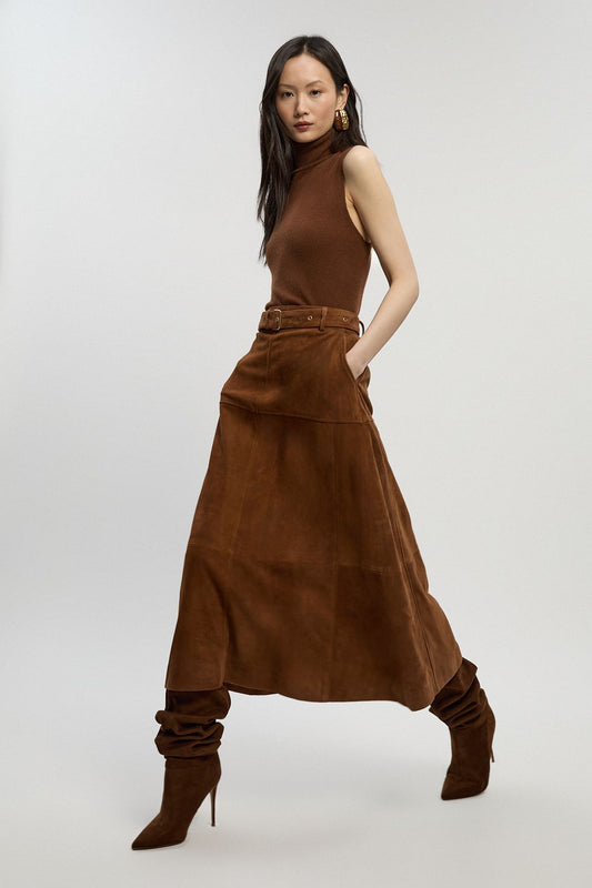 Suede Utility Belted Full Midi Skirt