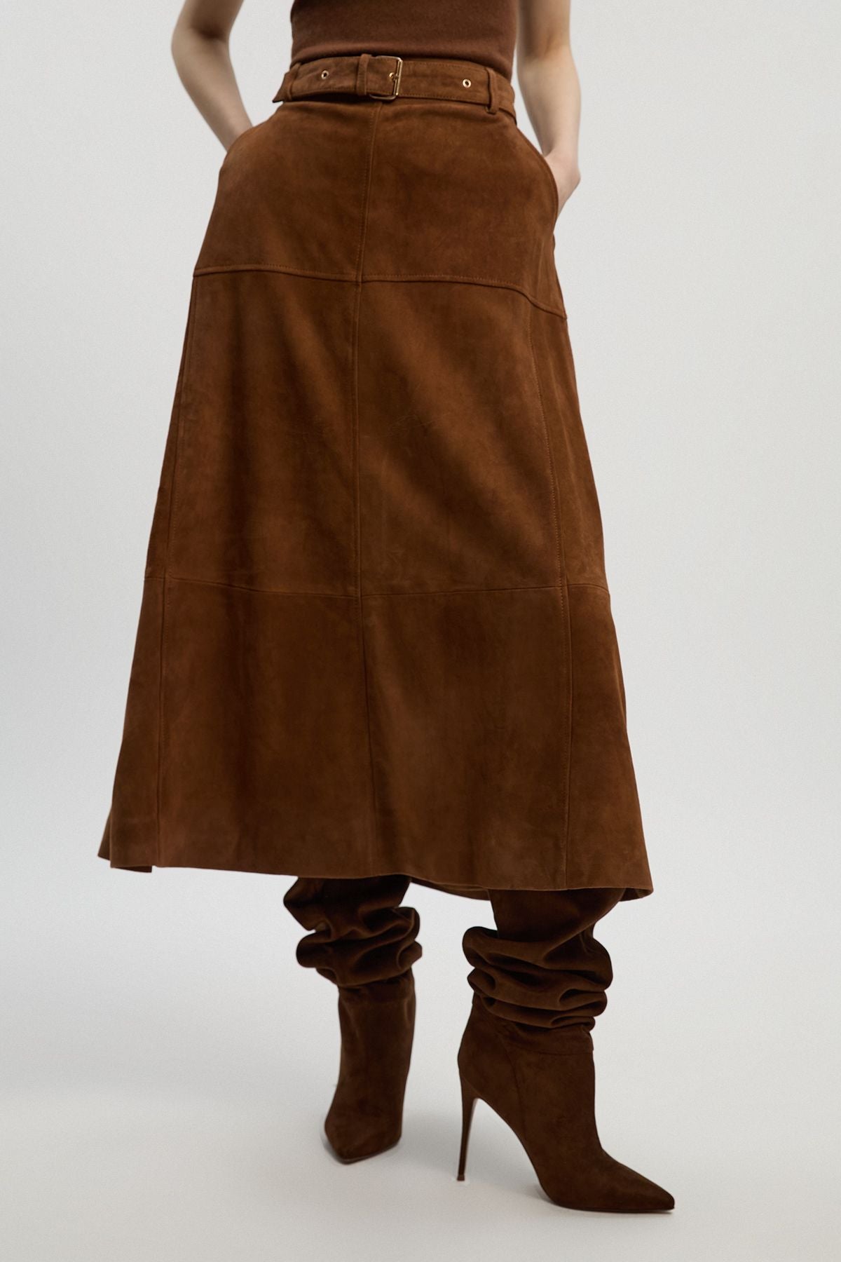 Suede Utility Belted Full Midi Skirt