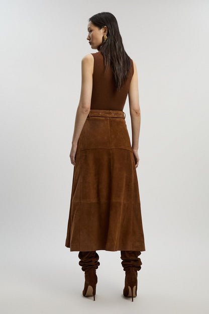 Suede Utility Belted Full Midi Skirt