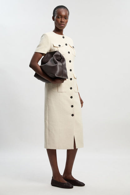 Textured Tweed Tailored Pocket Front Short Sleeve Midi Dress