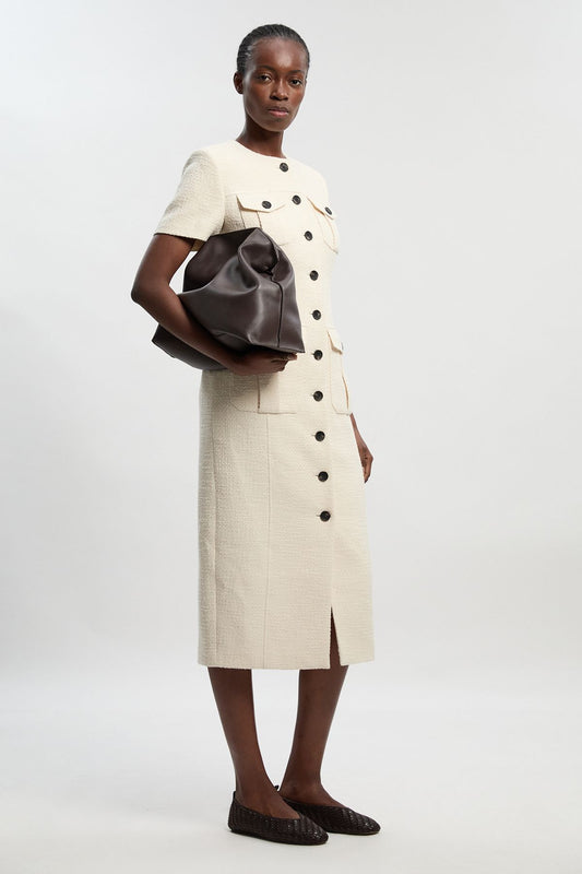 Textured Tweed Tailored Pocket Front Short Sleeve Midi Dress