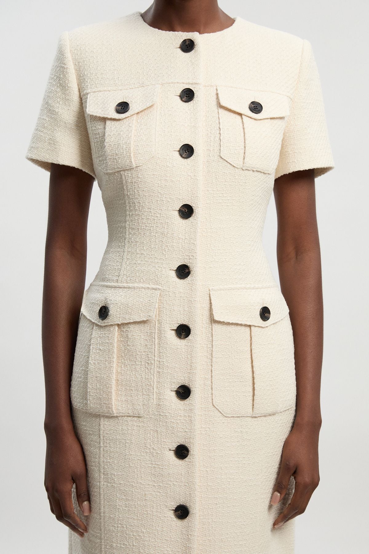 Textured Tweed Tailored Pocket Front Short Sleeve Midi Dress