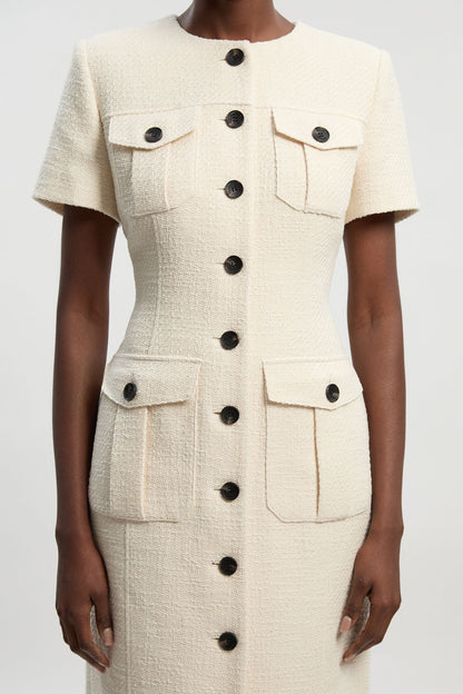 Textured Tweed Tailored Pocket Front Short Sleeve Midi Dress