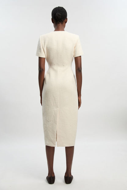 Textured Tweed Tailored Pocket Front Short Sleeve Midi Dress