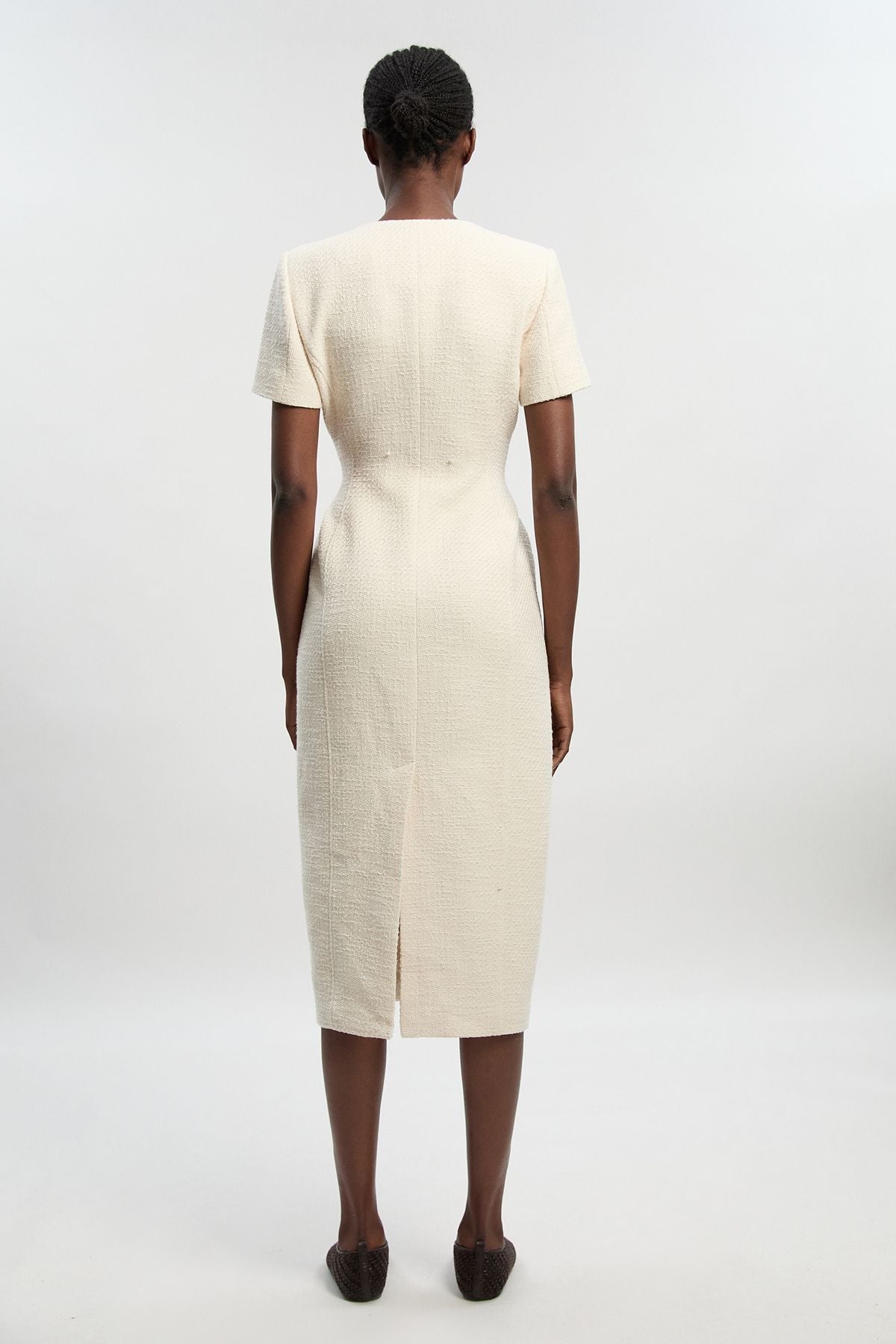 Textured Tweed Tailored Pocket Front Short Sleeve Midi Dress