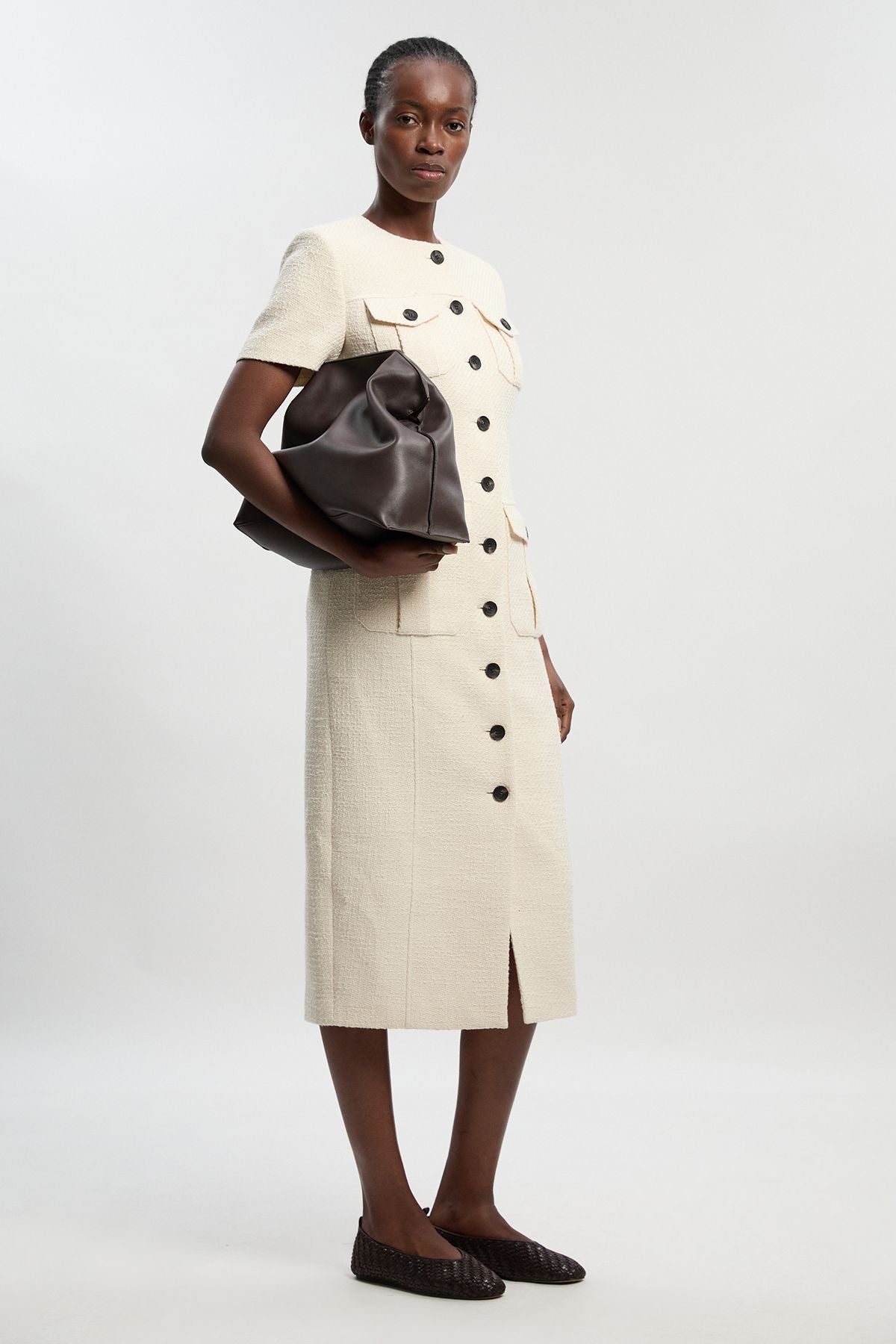 Textured Tweed Tailored Pocket Front Short Sleeve Midi Dress