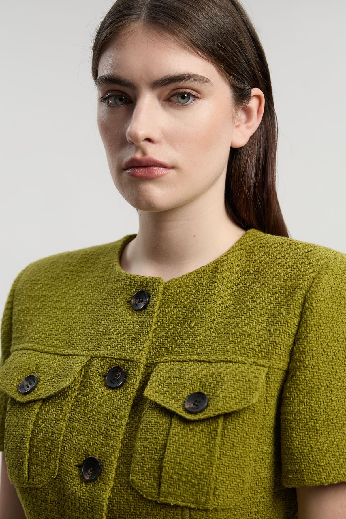 Textured Tweed Tailored Pocket Front Short Sleeve Midi Dress