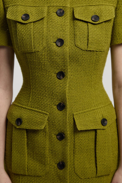 Textured Tweed Tailored Pocket Front Short Sleeve Midi Dress