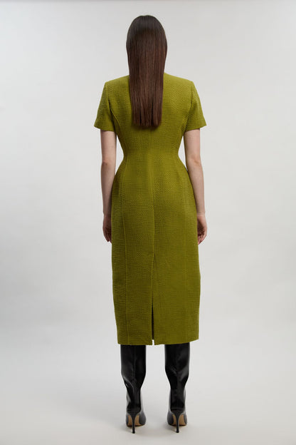 Textured Tweed Tailored Pocket Front Short Sleeve Midi Dress