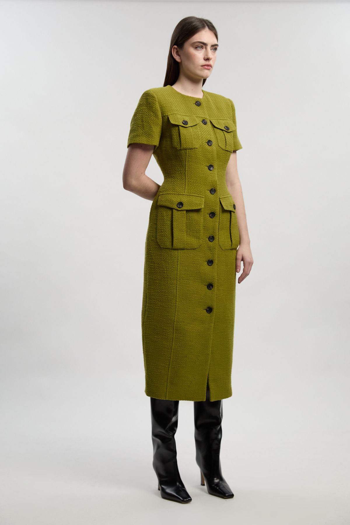 Textured Tweed Tailored Pocket Front Short Sleeve Midi Dress