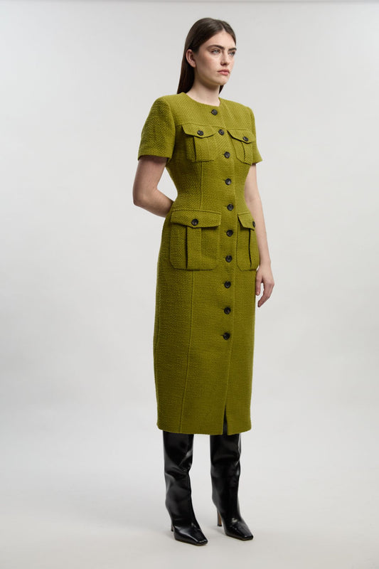 Textured Tweed Tailored Pocket Front Short Sleeve Midi Dress