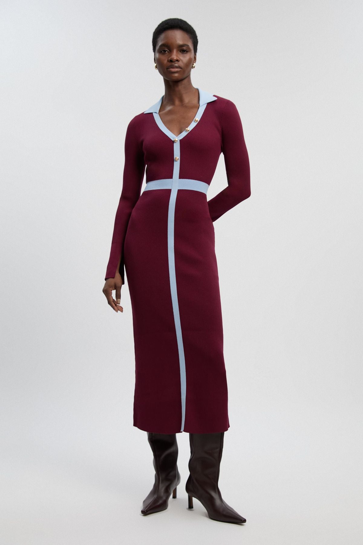 Knit Rib With Contrast Waist Detail Collared Midi Dress