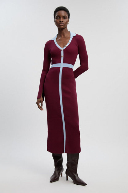 Knit Rib With Contrast Waist Detail Collared Midi Dress