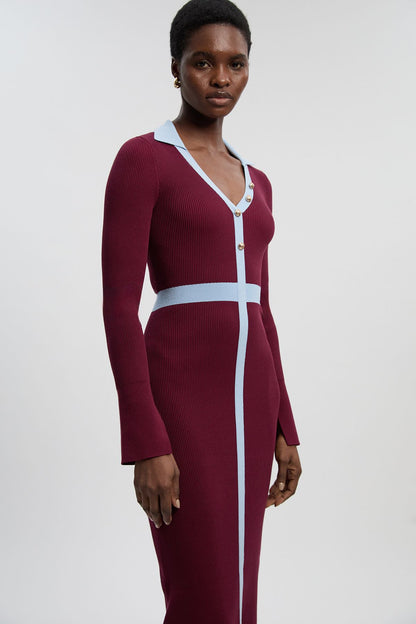 Knit Rib With Contrast Waist Detail Collared Midi Dress
