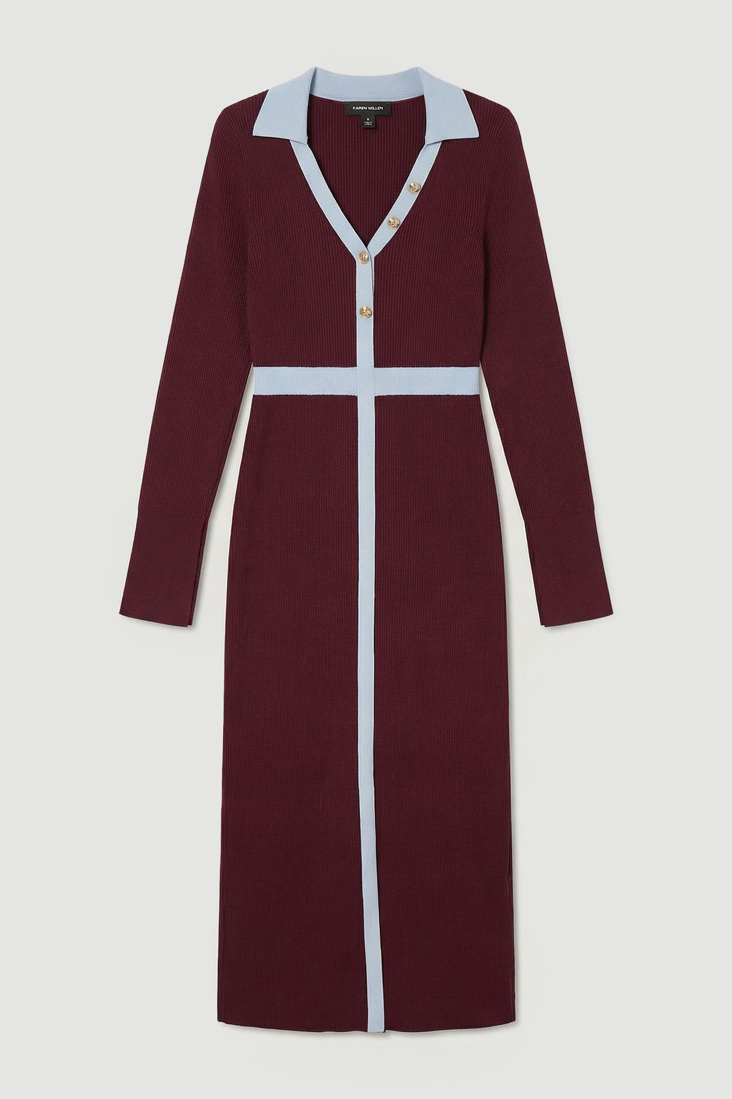 Knit Rib With Contrast Waist Detail Collared Midi Dress