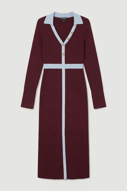 Knit Rib With Contrast Waist Detail Collared Midi Dress