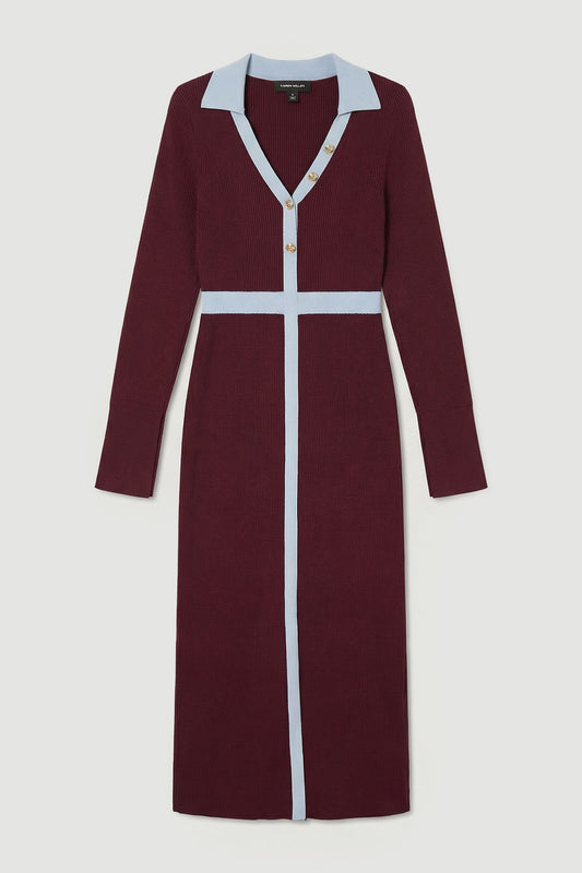 Knit Rib With Contrast Waist Detail Collared Midi Dress